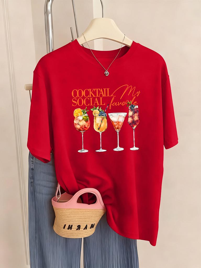 Cocktail Social My Favorite Prints TShirts Women Summer Loose Short Sleeve Tops ONeck Soft T Shirt Basics Casual Woman Clothes
