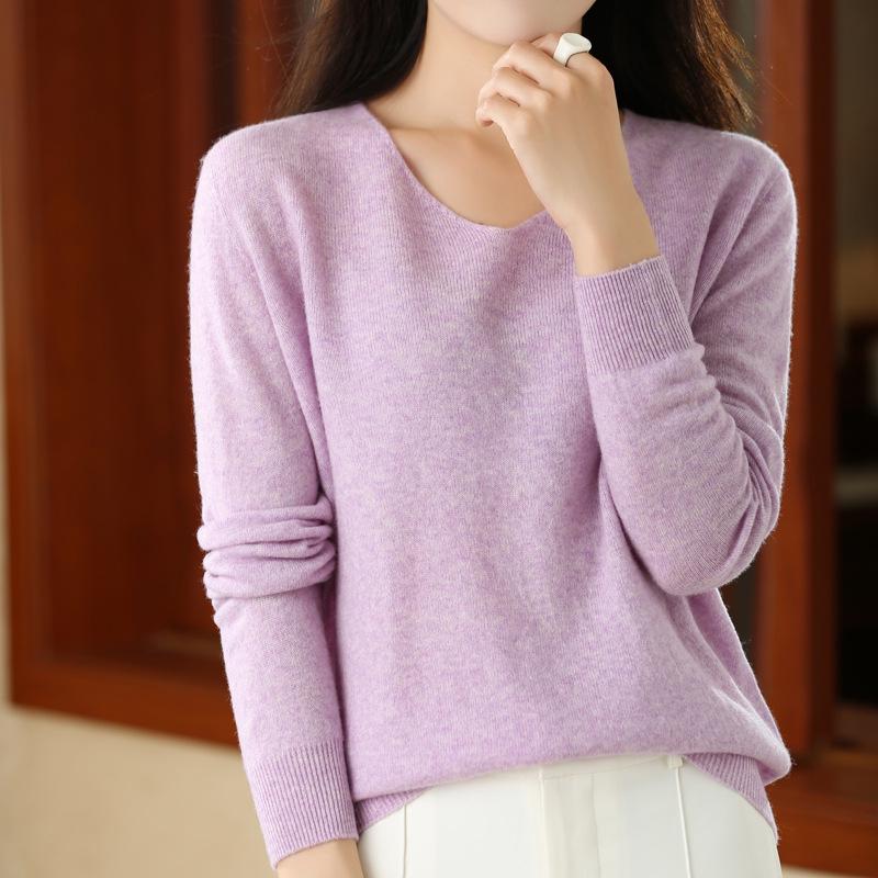 Women's V-Neck Seamless Wool Sweater - Loose, 100% Cashmere Knit for Autumn/Winter