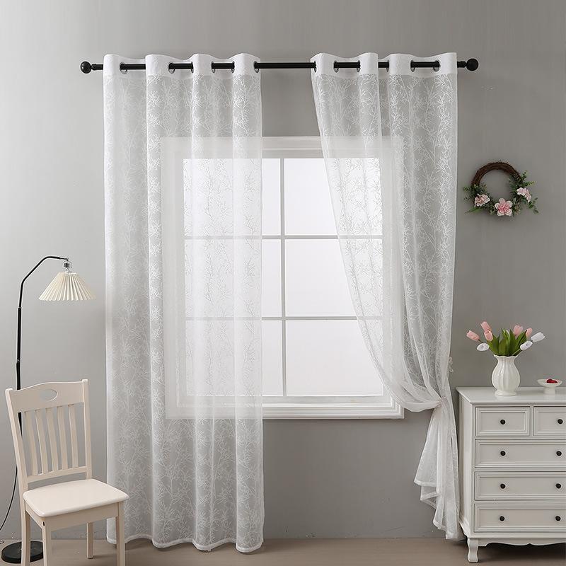 Chinese Simple White Background Branches Lace Curtains Living Room Kitchen Balcony Study Lace Semi-Blackout Decorative Curtains