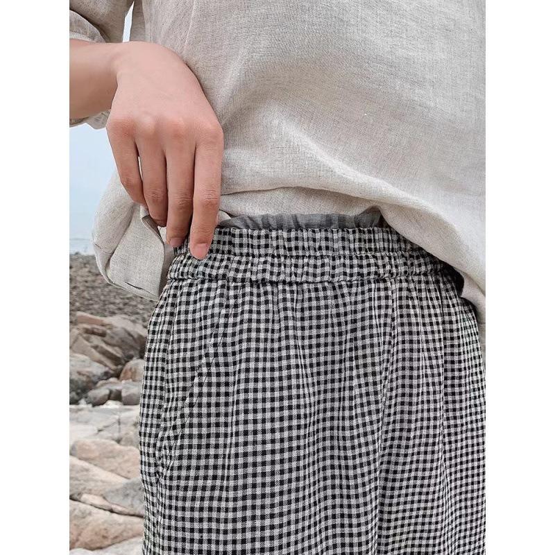 Casual Black and White Plaid Linen Wide-leg Pants Women's Summer New Elastic Waist Loose Nine-point Pants Cotton and Linen Straight-leg Pants