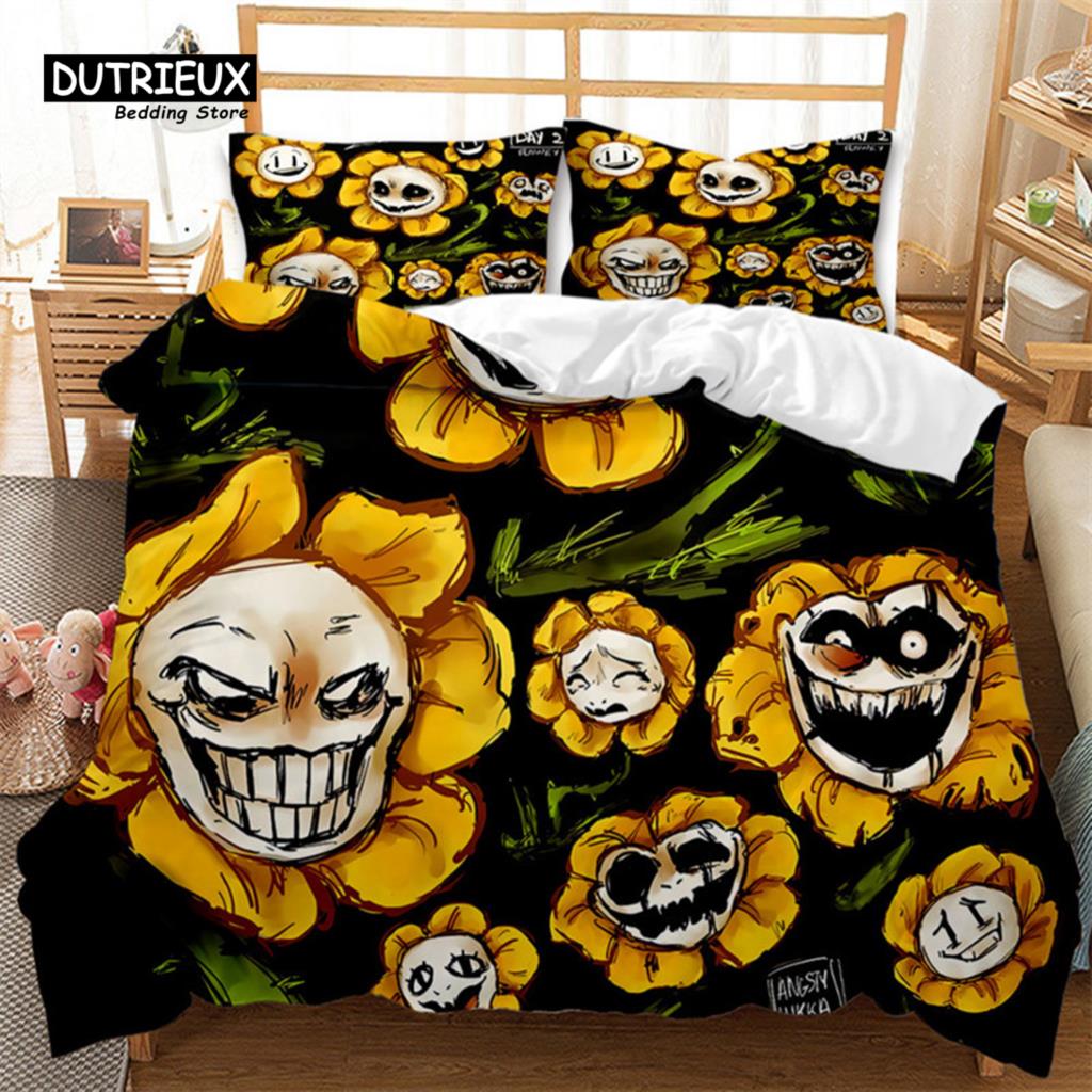 Cartoon Pumpkin Duvet Cover Gothic Halloween Skull Bedding Set Polyester Lantern Ghost Comforter Cover King For Boys Girls Decor