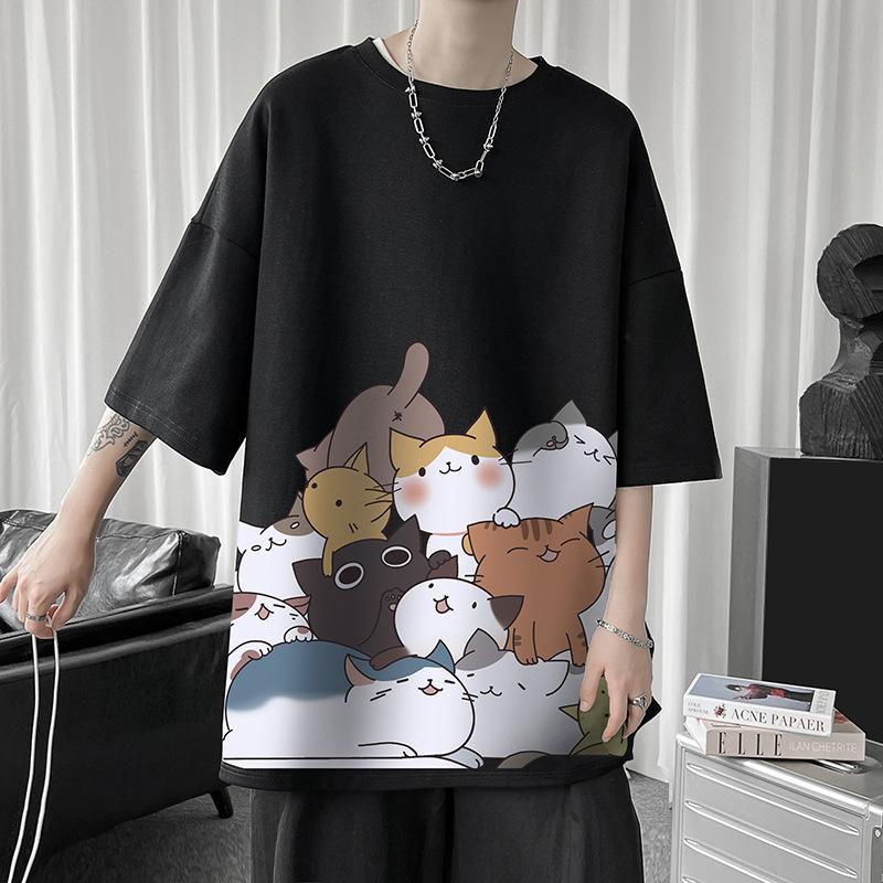 Men Cute Cat Print Short Sleeve T Shirt Casual Loose Fit Summer Streetwear Top