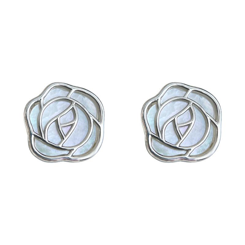 Hollow Rose Shell Stud Earrings 925 Silver Needle Elegant Natural Mother Of Pearl Floral Earrings Luxury Daily Wedding Jewelry Gift For Women