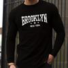 Herren Lockere Passform Bequem Sport und Freizeit Brooklyn New York Aufdruck Rundhals Langarm T-Shirt Top