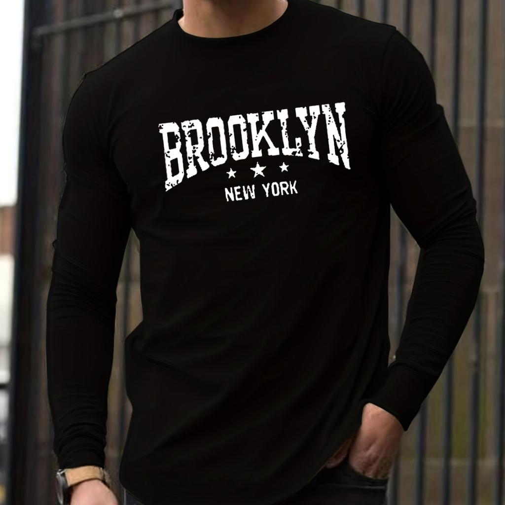 Herren Lockere Passform Bequem Sport und Freizeit Brooklyn New York Aufdruck Rundhals Langarm T-Shirt Top