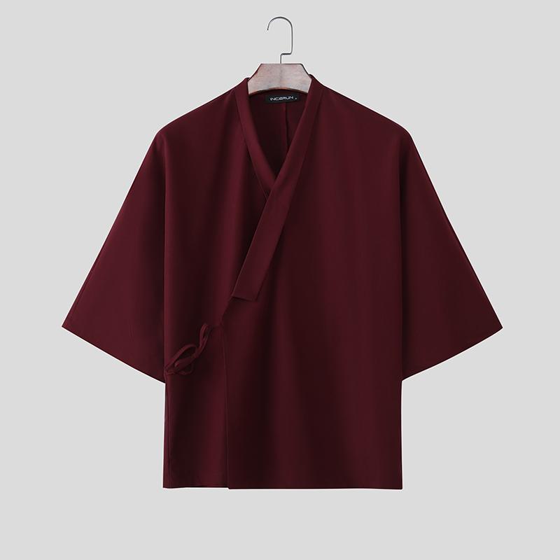 INCERUN Heren V-hals Korte Mouw Zijdelings Vetersluiting Casual Los T-shirts Tops S