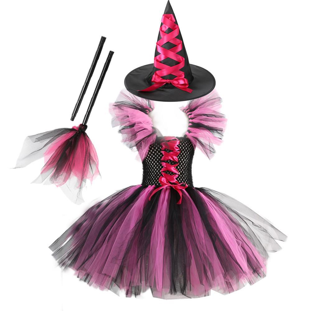 Tutu Dress Witch Costume Set for Kids with Hat and Broom - Halloween and Cosplay Outfit