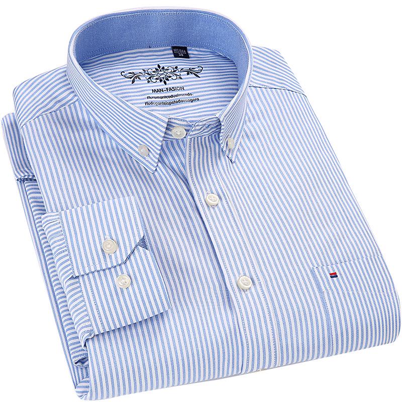 Men's Slim Fit Striped Plaid Oxford Long Sleeve Shirt