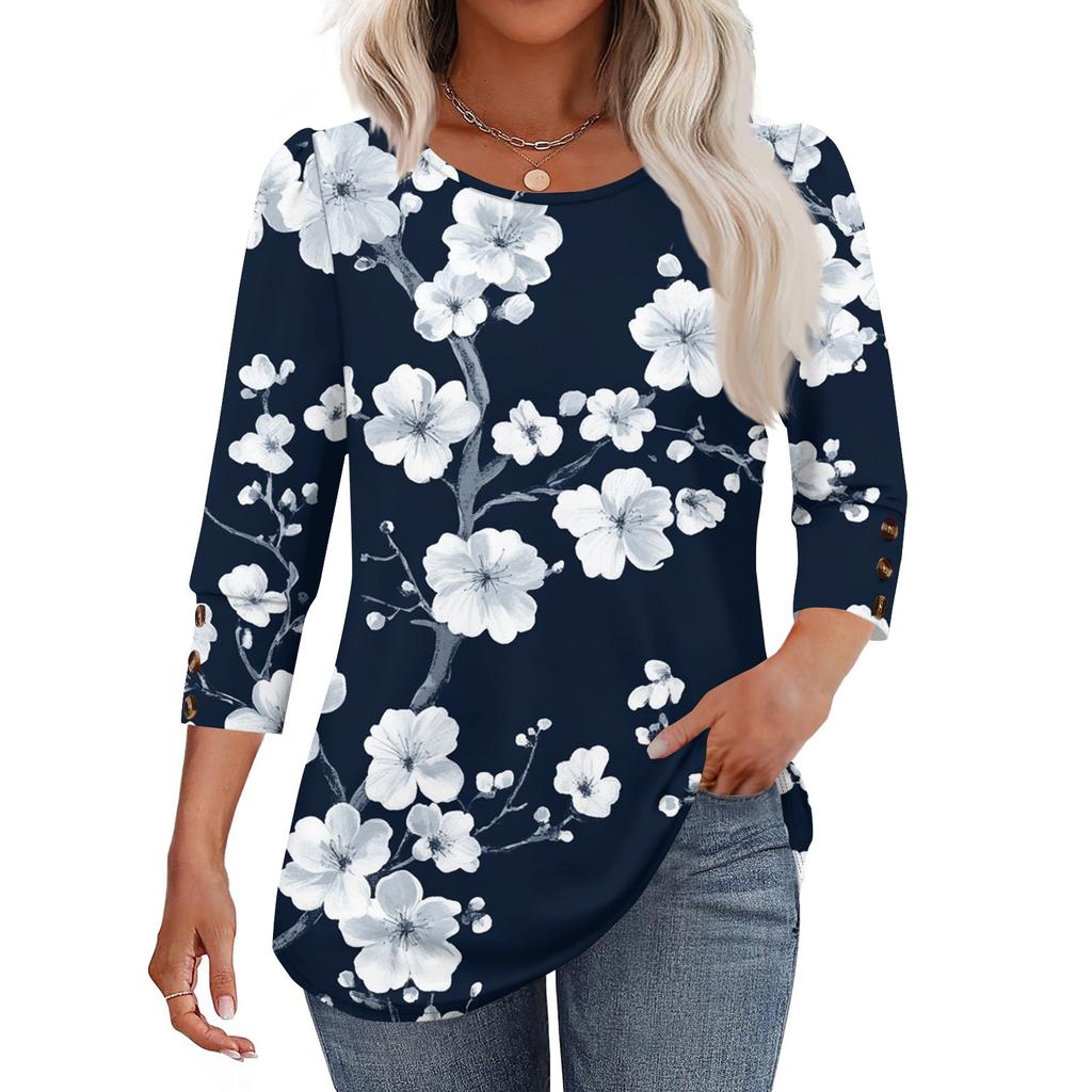 Women's Fashion Casual Floral Print Round Neck T-shirt Top With Seven Cuff Sleeves