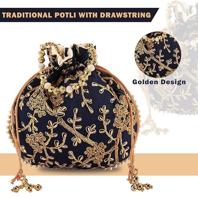 Jute Handbags for Women | Embroidered Women Potli Bag | Traditional Indian Goody Bags | Drawstring Bags for Wedding | Pack of 5