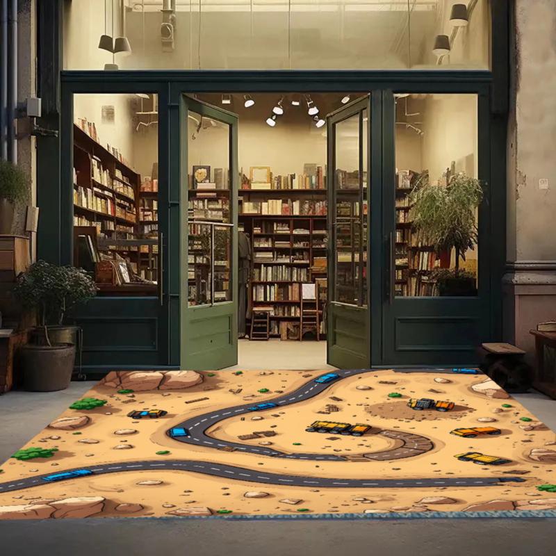 Kids Play Area Rug Non-Slip Cartoon Construction Truck & Car Road Design Washable for Living Bedroom Kids Room Playroom Nursery