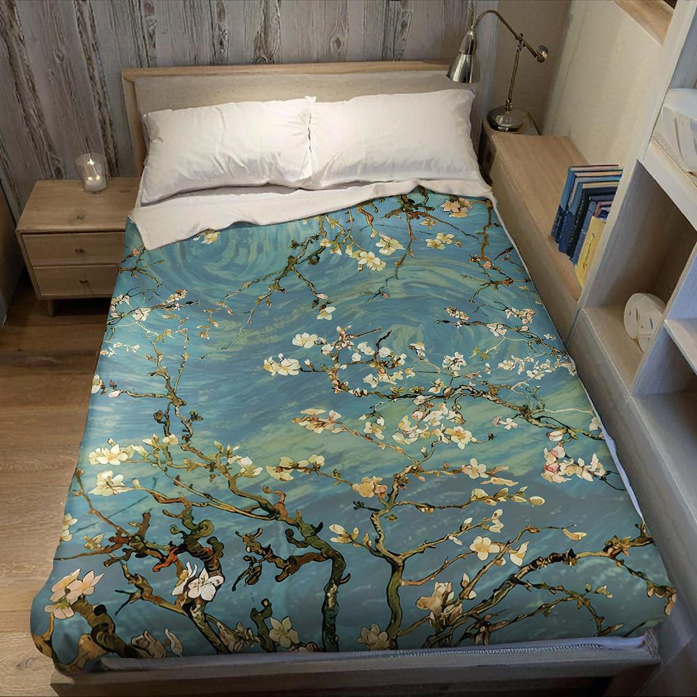 Van Gogh Mandelblüten Flanelldecke Warm Weich Halloween Weihnachten Sofa Warm Gemütlich Dekorative Deko Geschenk für Alle Jahreszeiten
