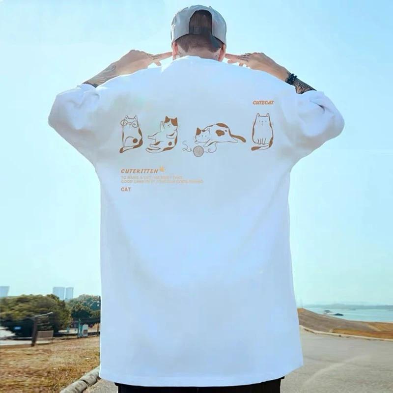 Streetwear Harajuku Summer Cartoon Cat Print T-Shirts Vintage Version Trend Casual Clothes Hip Hop Creative T Shirts y2k