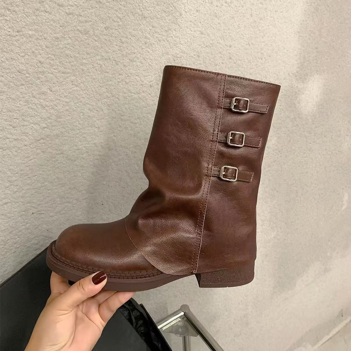 

Cowhide version~ thick-soled Martin boots retro western cowboy boots metal buckle thick heel trousers boots square head short boots children 40