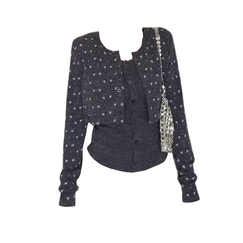 

Floral Short Knit Sweater and Camisole Two-Piece Set for Women, New Autumn Korean Style, Slim-Fit Long-Sleeve Chic Top Gray Two-Piece Set S