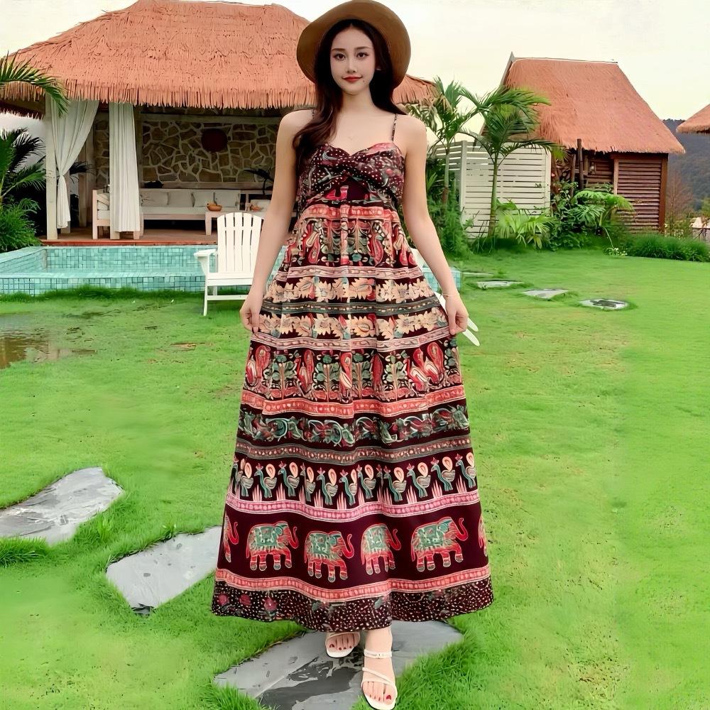 Womens Boho Print Maxi Dress Spaghetti Strap Casual Summer Beach Dress One size