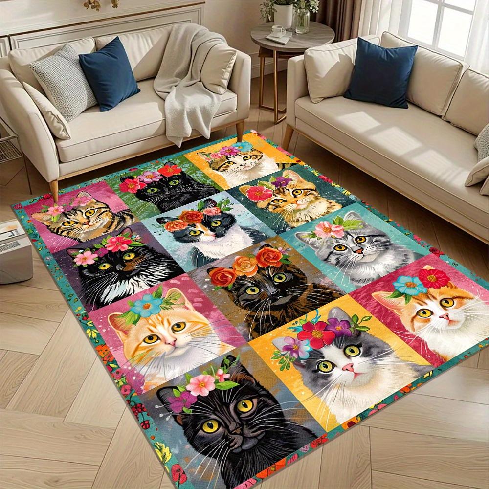 Cute Cats Wearing Flowers,Colorful Creative Puzzle Vintage Pattern Carpet,Office Chair Rug Decoration,Holiday Gift,800G/M2