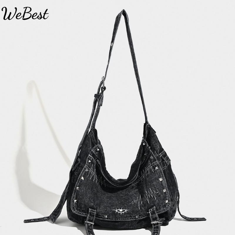 

Large-capacity Tote Bag, Washed and Distressed Denim Bag with Rivets, Commuter Crossbody Bag чёрный