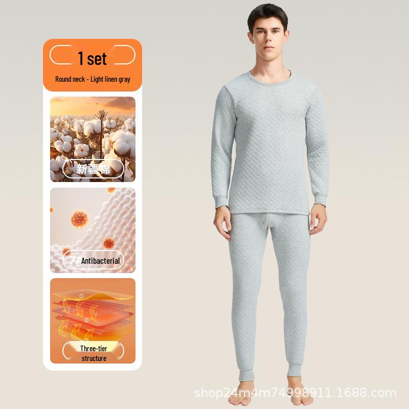 280g Three-Layer Quilted Warm Unisex Cotton Underwear Set, Antibacterial Round Neck Top and Bottoms