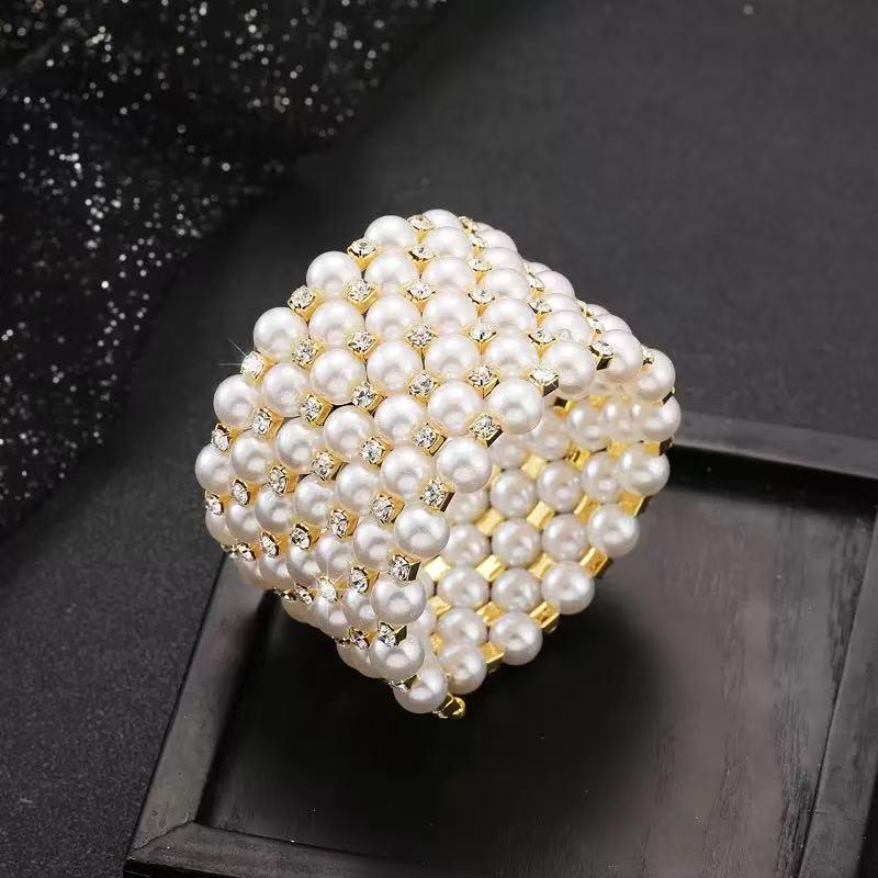 Multi-layer Pearl & Rhinestone Elastic Bracelet - Bridal Open Wrap Design