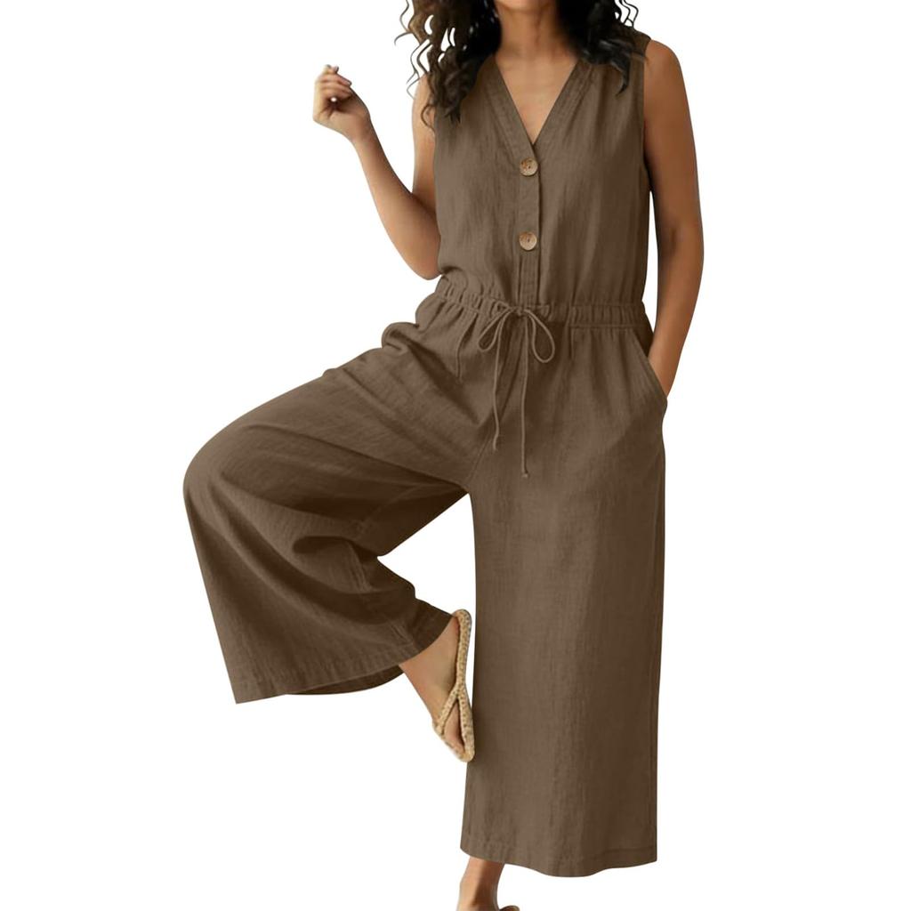 Women Button Down Sleeveless Rompers Wide Legs Cotton Linen Rompers With Pocket