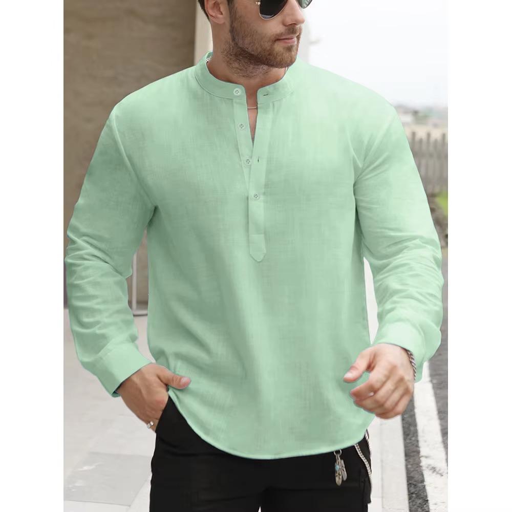 Premium White Cotton Linen Henley Shirts for Men Lightweight Long Sleeve Casual Streetwear Everyday Wear