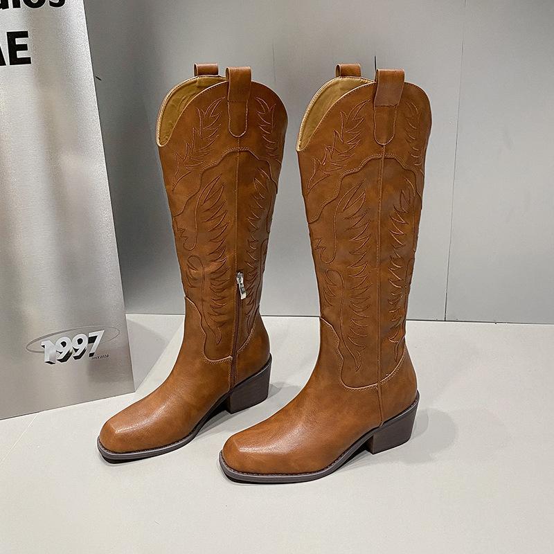 

Винтажные ковбойские сапоги в стиле вестерн с квадратным толстым каблуком, женские, 2024, новые модные сапоги с боковой молнией, рыцарские сапоги, прилив 40