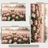 2D Pink Tulip Field Backdrop with Monarch Butterflies Nature Background