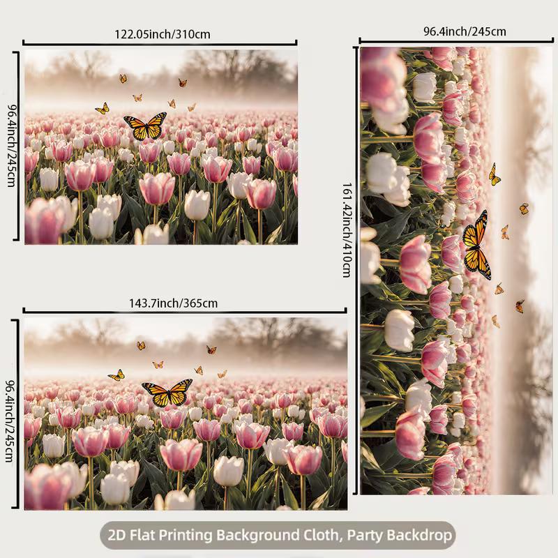 2D Pink Tulip Field Backdrop with Monarch Butterflies Nature Background