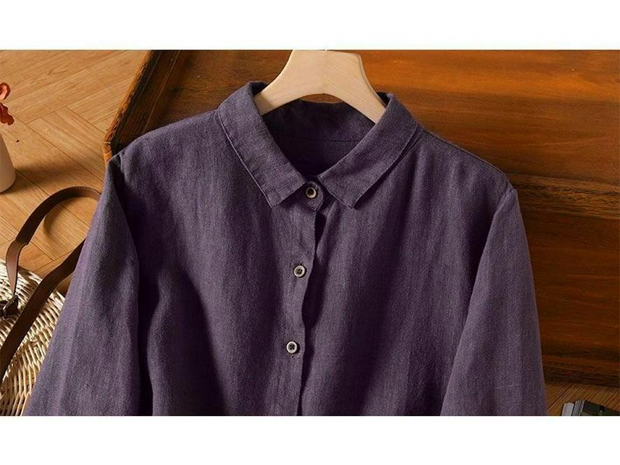 Dámská tmavě fialová lněná košile s dlouhým rukávem - Raný podzim, Literární retro, Volný střih, High-end, Tenký styl
