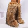Womens Knee High Fuzzy Faux Fur Boots - Soft, Warm, and Comfortable Slip-on Design with Flat He Ladies Plush Warm Platform Shoes