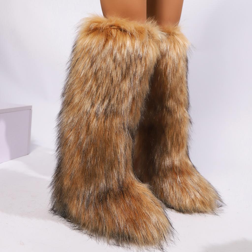 Womens Knee High Fuzzy Faux Fur Boots - Soft, Warm, and Comfortable Slip-on Design with Flat He Ladies Plush Warm Platform Shoes