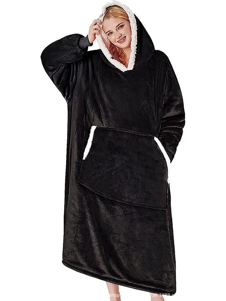 Dames Ekstra Lang Flanell Julepyjamas Morgenkåpe med Vertikal Lomme og Koseteppe Sett - Fortykket for Varme