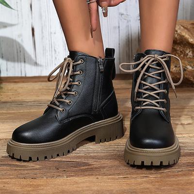 Schnür-Plateau-Stiefeletten für Damen Herbst Winter Warm Plüsch Kurze Stiefeletten Mujer Übergröße Dicke Sohle Motorradstiefel