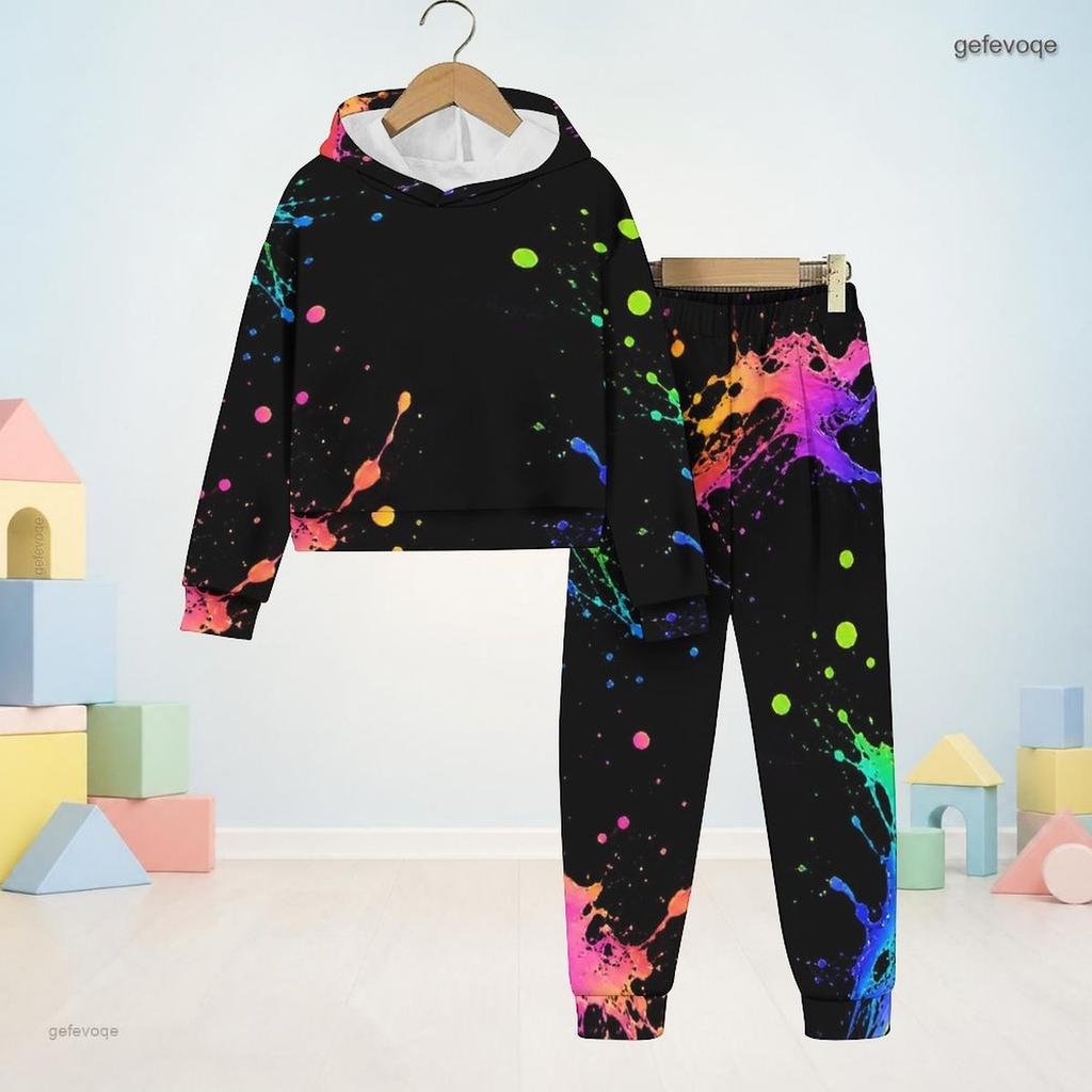 Kids Boys Girls Colorful Splash Printed Hooded Long Sleeve Sweatshirt Cuffed Pants Two Piece Set