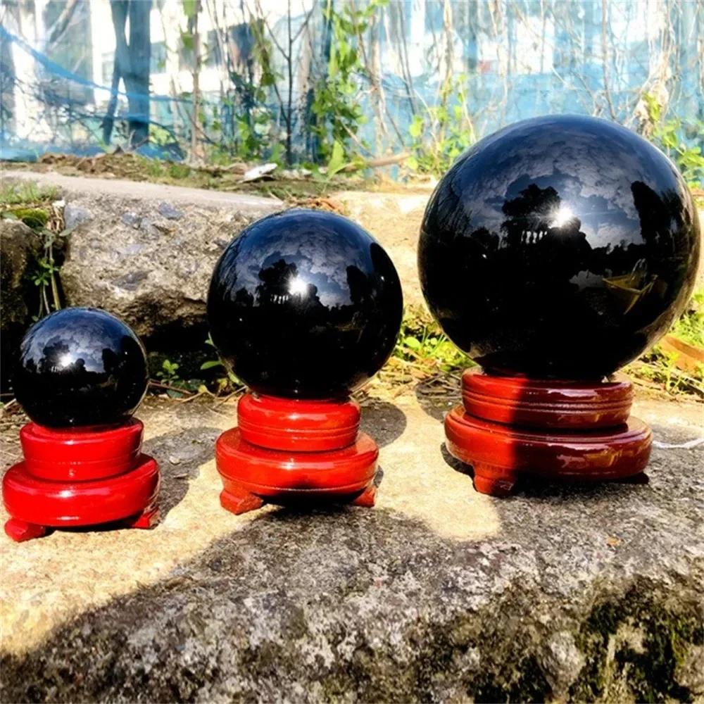 Bola de cristal de obsidiana mineral de 30-50 mm para meditação de bola de fengshui, esfera de adivinhação de cura de cristal, decoração de casa com base