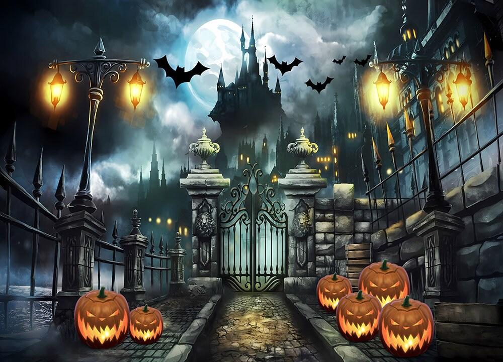 Halloween Party Photography Backdrop Bat Castle Photo Backdrop Pumpkin Lantern Scary Moon Halloween Decor Banner Photo Booth Background