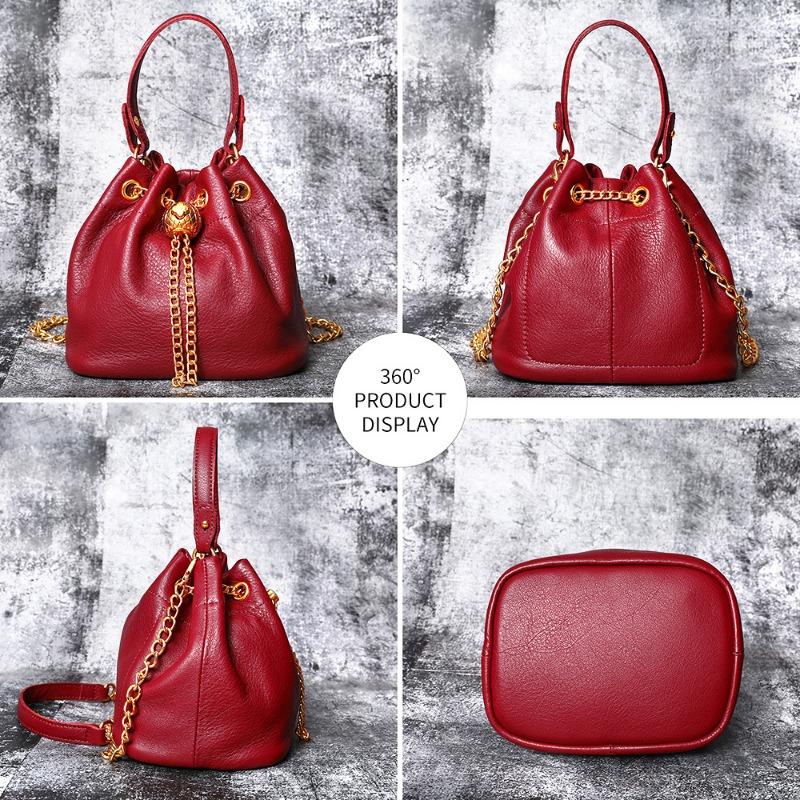 Top-grain Cowhide Ladies' Cosmetic Bag Casual Genuine Leather Bucket Bag Soft Cowhide Chain Bag