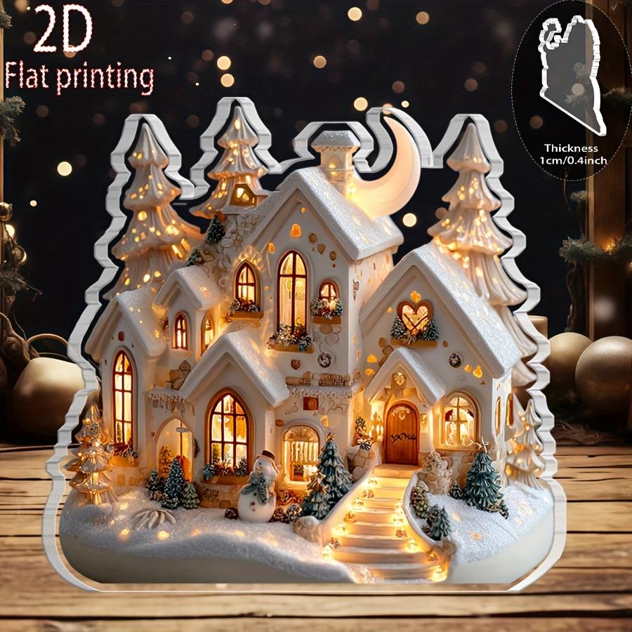 2D Flat Snowy Winter Scene Acrylic Christmas House Model Desktop Decoration, Suitable for Wall Decoration, Porch, Room, Villa, Accents Home, Hallway,
