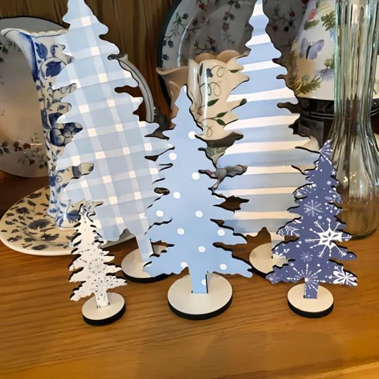 Staggered Tree Set Decorations 5Pcs Wooden Christmas Ornaments, Nordic Style Blue And White Snowflake Pattern Tabletop Trees Plaid/Snowflake/Polka Dot