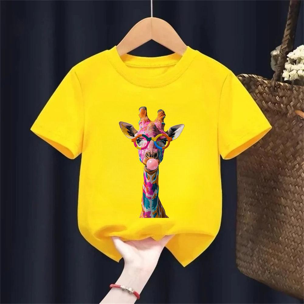 Y2k Giraffe with Gum Printed Short Sleeve T Shirts Animal Kids Childrens Tshirt Boys Girls Summer Spring Casual Top Tee Shirt