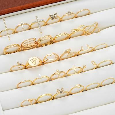 30 Elegant Stacked Zinc Alloy Rings Fashionable Studded Butterfly Cross Alloy Rings Gold Daily Clothing Party Accessories