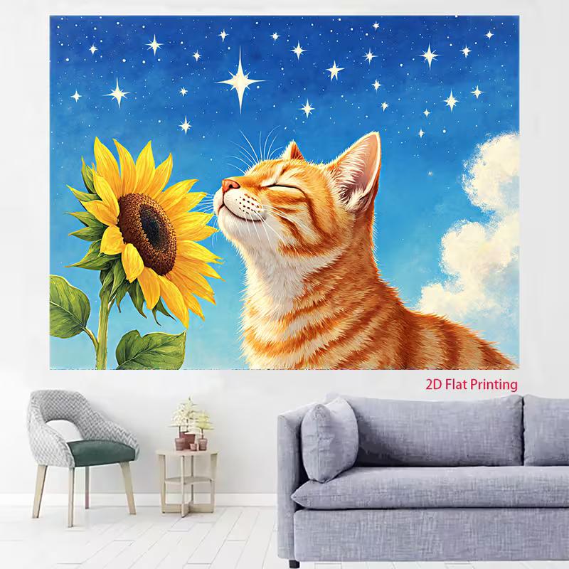 2D Cozy Cat and Sunflower with Starry Sky Live Stream Background Cloth for Vlog
