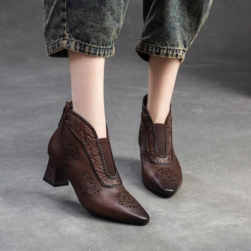 Johnature Sandals Genuine Leather Breathable Hollow-out Boots Retro Pointed High Heel Commuter Women's Shoes