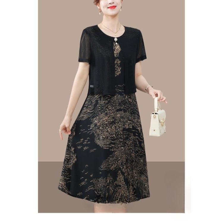 Chic Summer Fake Two Piece Dress for Moms Elegant Slimming and Youthful Mid Age Women Fashion Clothing