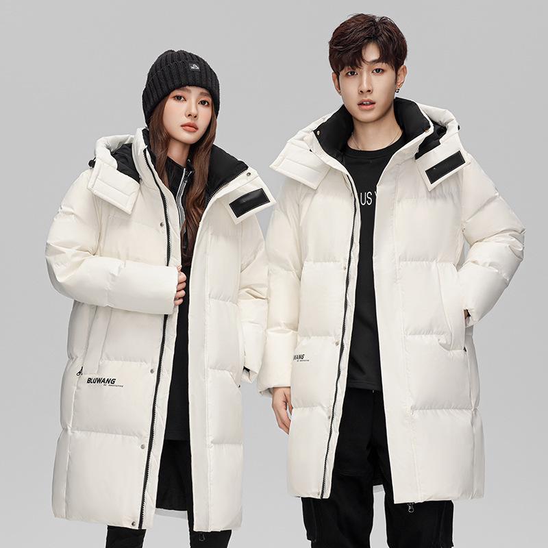 Unisex Mid-Length Hooded Down Jacket, 90% White Duck Down, Thickened for 2025 Winter, Trendy Couple's Warm Outerwear with Cold Protection.