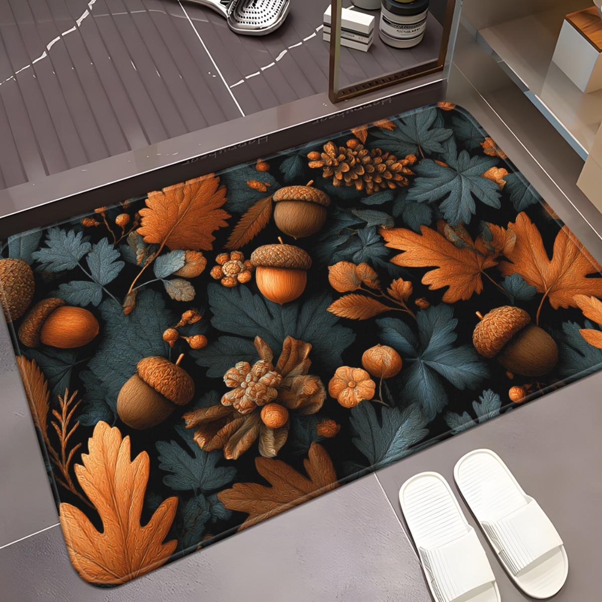 

1pc Autumn Acorns & Leaves on Dark Background HD Printed Non-Slip Door Mat, Microfiber Absorbent Machine Washable Polyester Mat 40x60cm