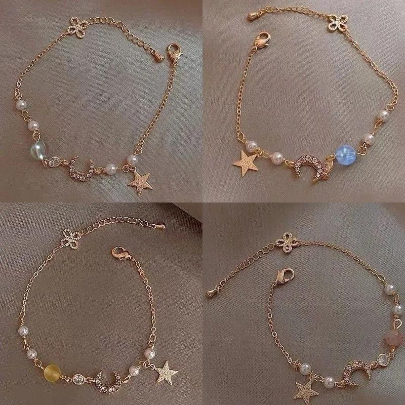 Fashion Creative Gifts Japan Korea Star Moon Bracelet For Women Pink Crystal Pearl Chain Bracelet Jewelry Accessories Party Gift