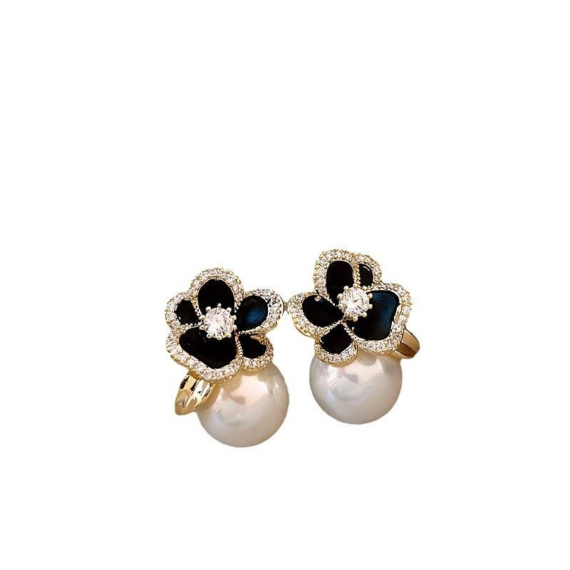 Women Fashion Commuter Black Flower Pearl Zircon Stud Earrings Jewelry