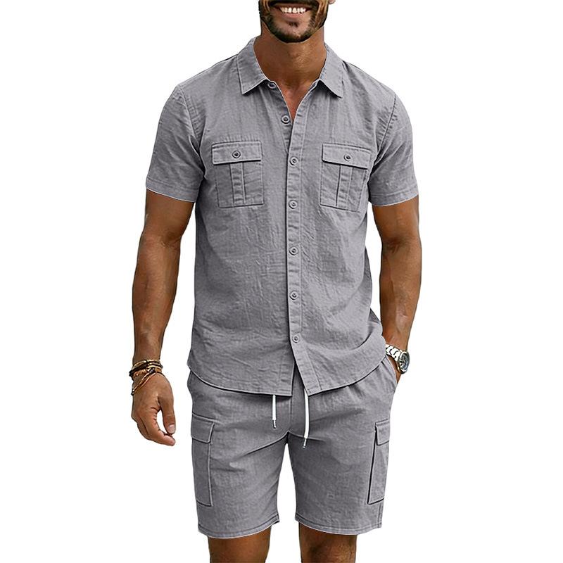 Mens Casual Linen Blend Short Sleeve Button Up Shirt And Cargo Shorts Two Piece Set